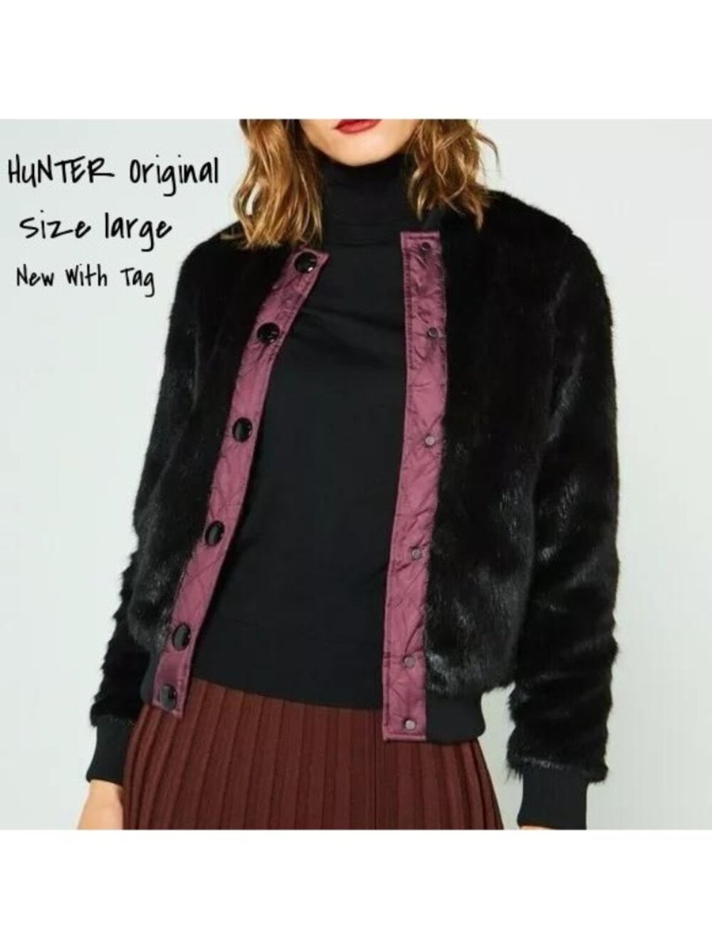 Hunter Original Faux Fur Bomber Jacket Women's Black Size Large New With Tag